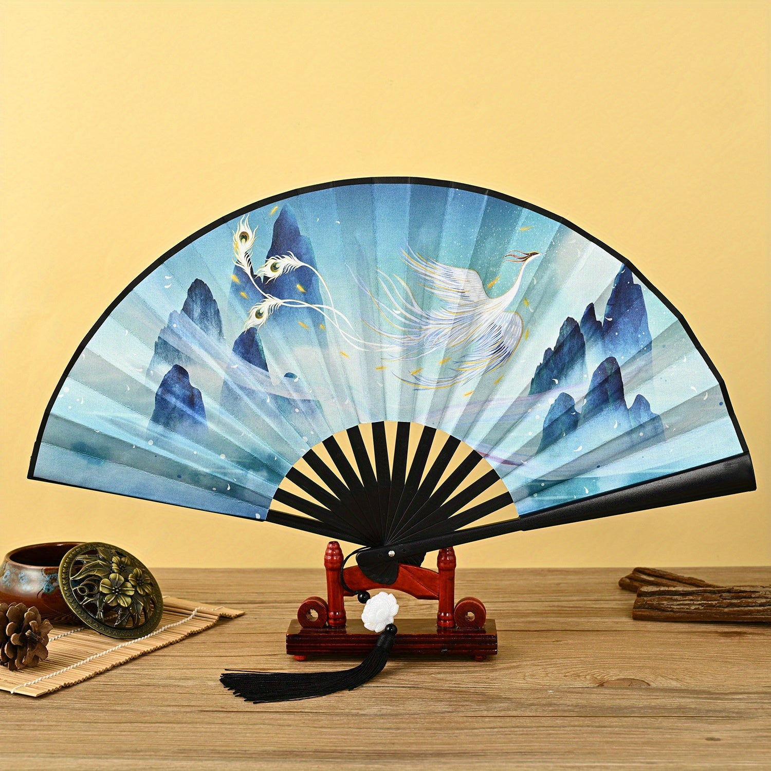 Chinese Style Double Sided Silky Tassel Folding Fan