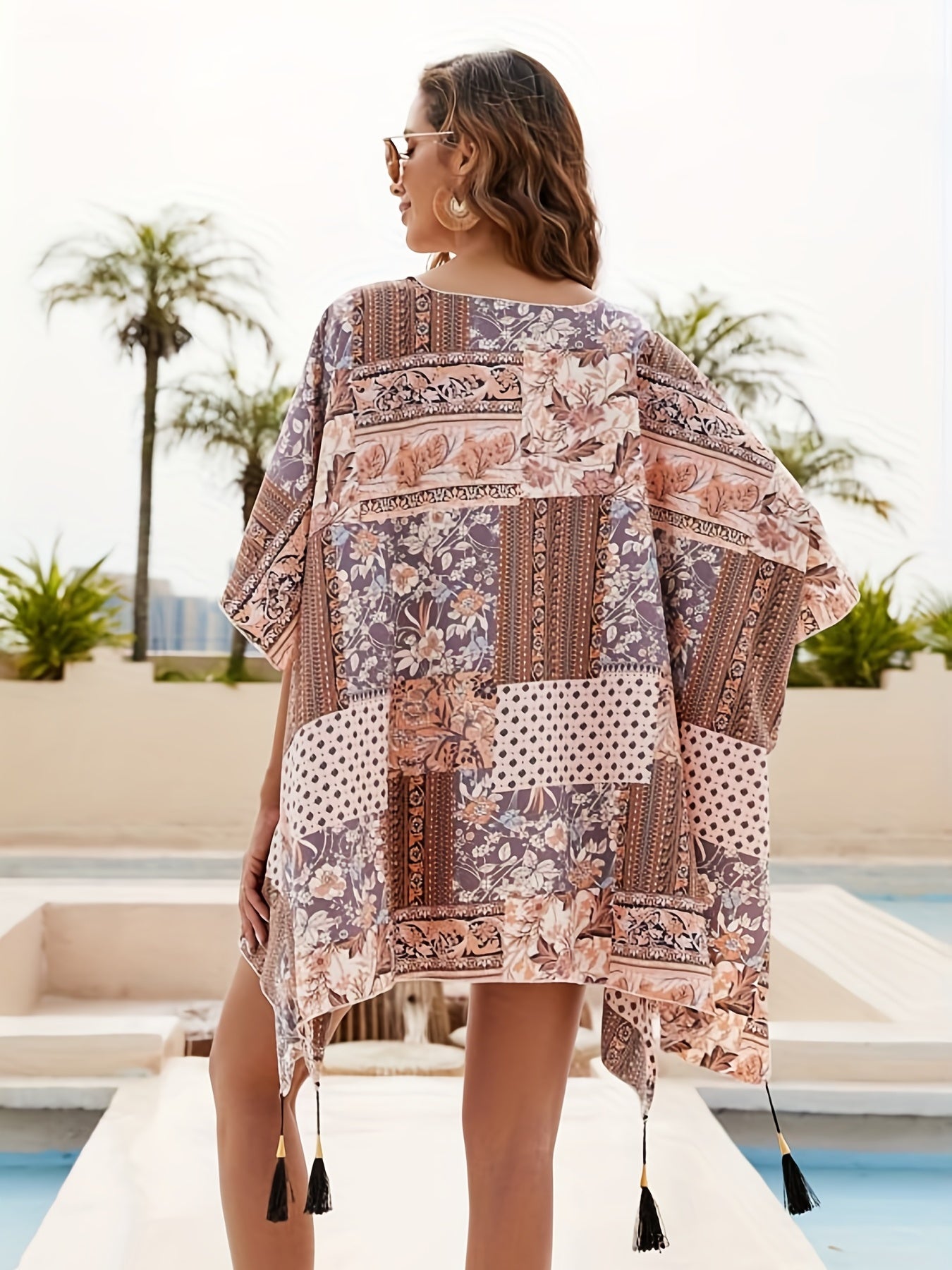 Floral Print Tassel Boho Style Cover Up Cardigan Kimono