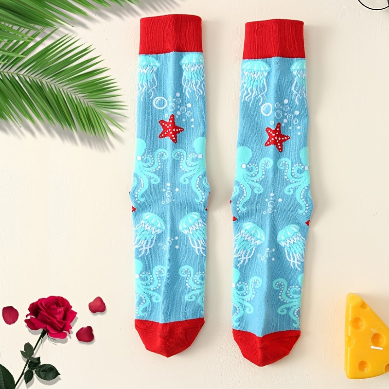 Men's Octopus Cartoon Pattern Crew Socks, Breathable Comfy Casual Unisex Socks