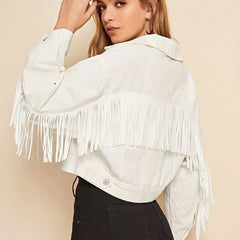 Fringe Trim Denim Jacket Flap Pockets Lapel Coat Women's Clothing