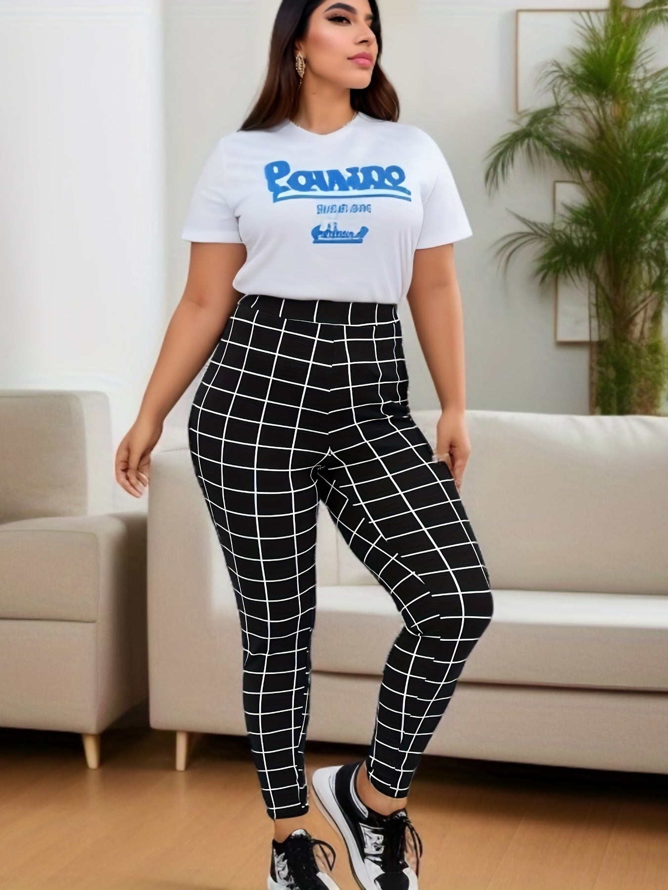 Grid Print High Rise Leggings
