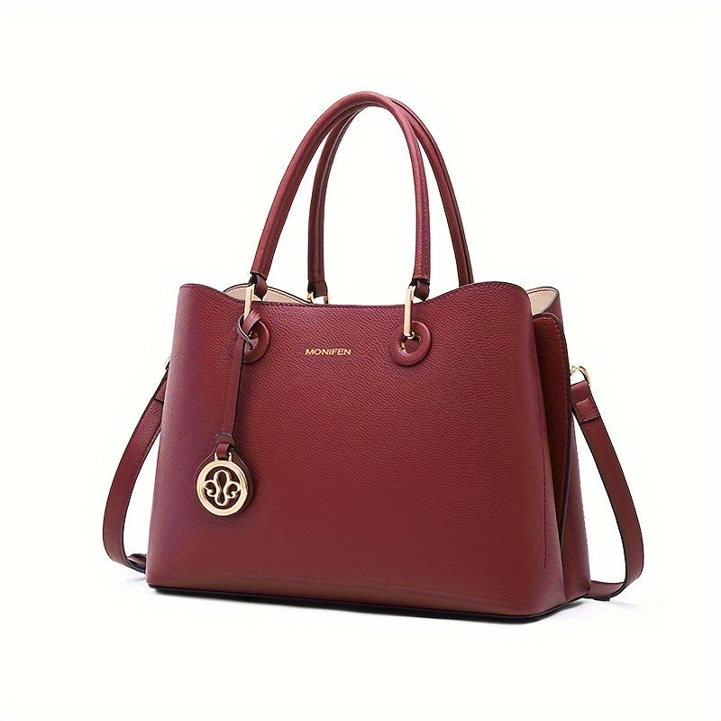 Women's Burgundy Tote Bag Golden Tone Hardware Zipper Closure
