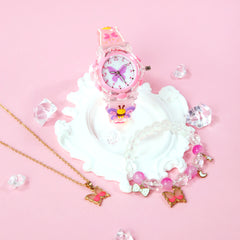 3pcs Quartz Watch Set Sweet Style with LED Glow Silicone Strap 3D Butterfly