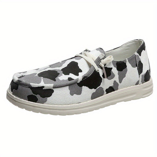 Cow Printed Flat Loafers Round Toe Lace Up Walking Sneakers