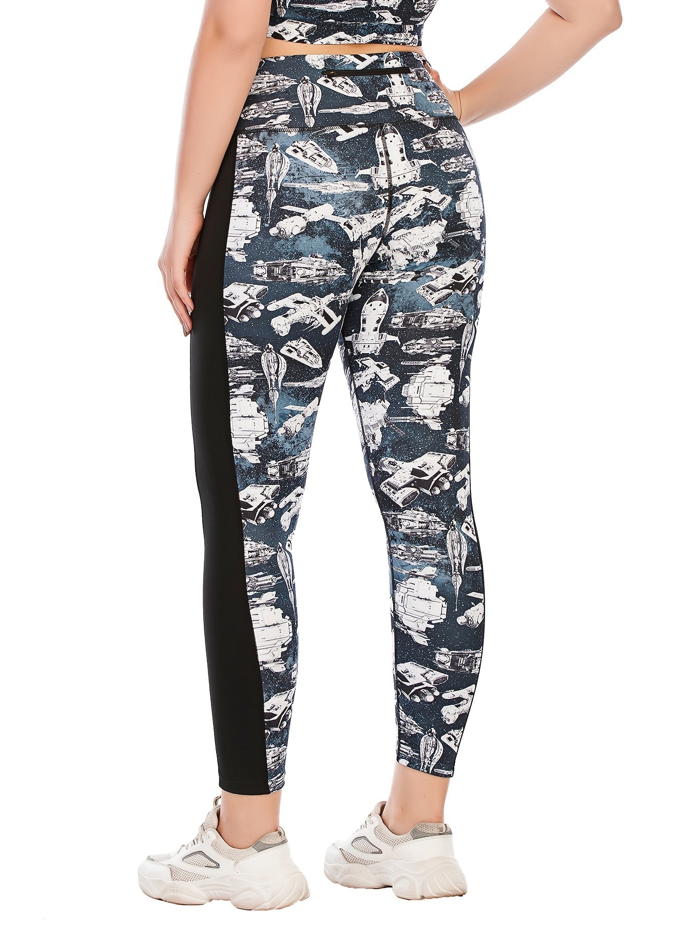 Colorblock Spaceship Print Yoga Sports Leggings Plus Size