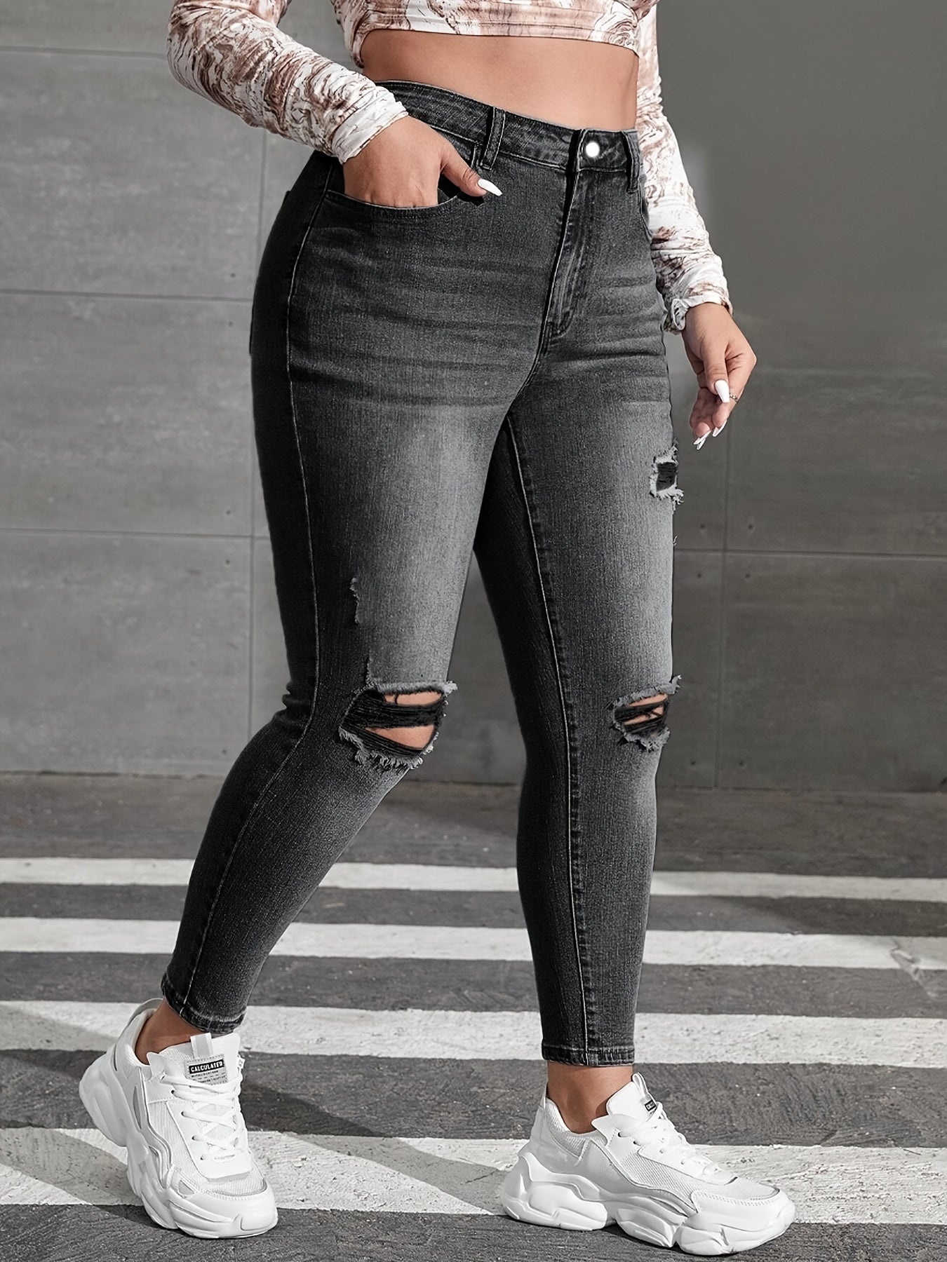 Ripped Button Fly Stretch Jeans