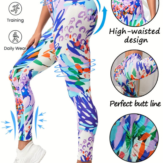 Colorful Block Print Yoga Pants High Stretch Running Workout Fitness Legg