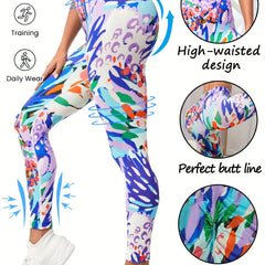 Colorful Block Print Yoga Pants High Stretch Running Workout Fitness Legg