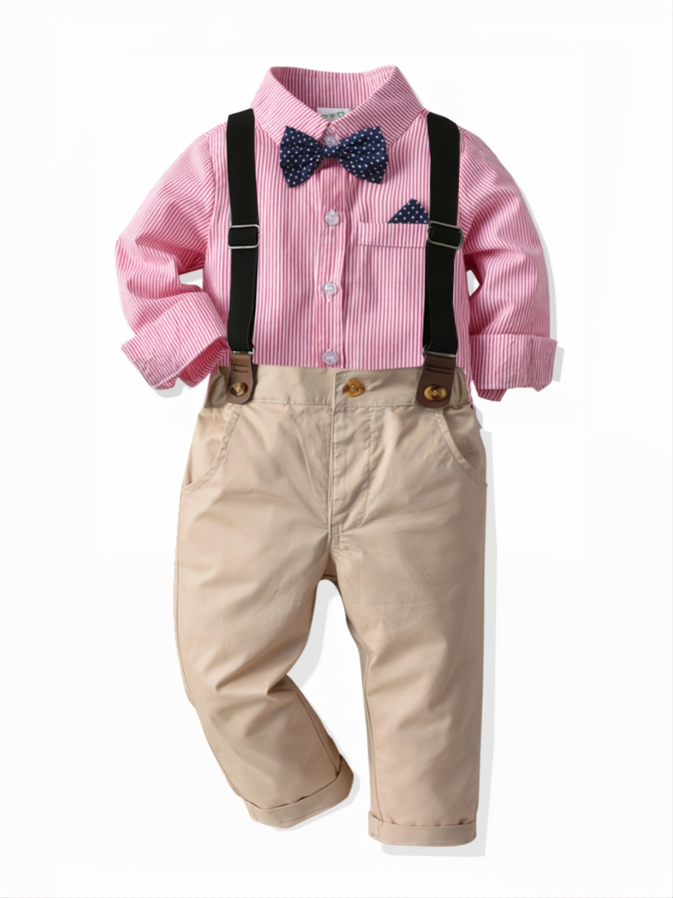 Baby Boys Gentleman Outfit Long Sleeve Button Down Bowtie Striped Shirt