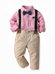 Baby Boys Gentleman Outfit Long Sleeve Button Down Bowtie Striped Shirt