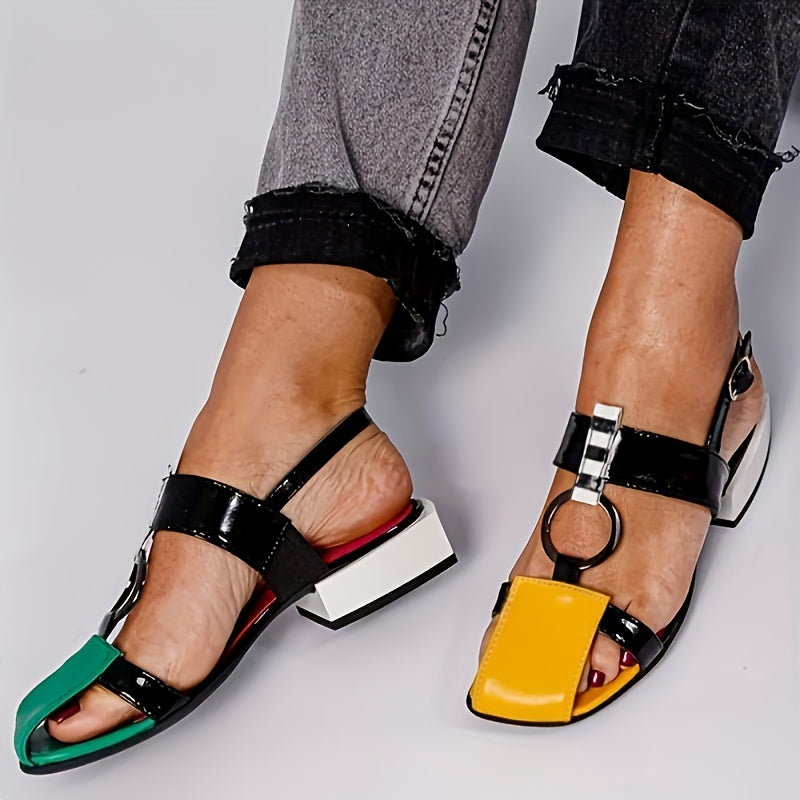 Colorblock Low Heel Sandals Adjustable Strap Block Heel Shoes