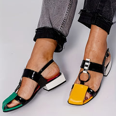 Colorblock Low Heel Sandals Adjustable Strap Block Heel Shoes