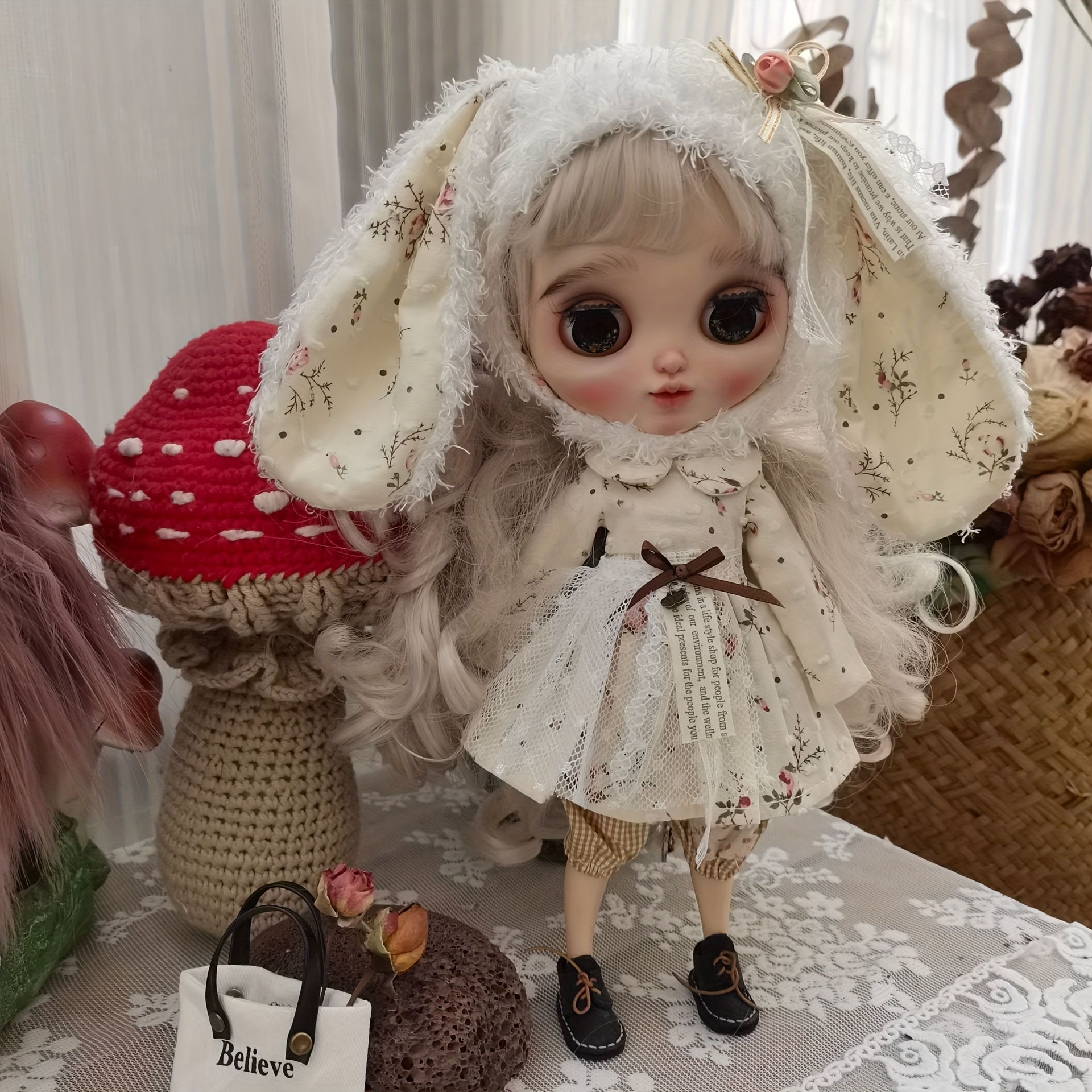 Long Ears Hat Flower Skirt Casual Pants DIY Doll Accessories for 1 6 Bress Doll