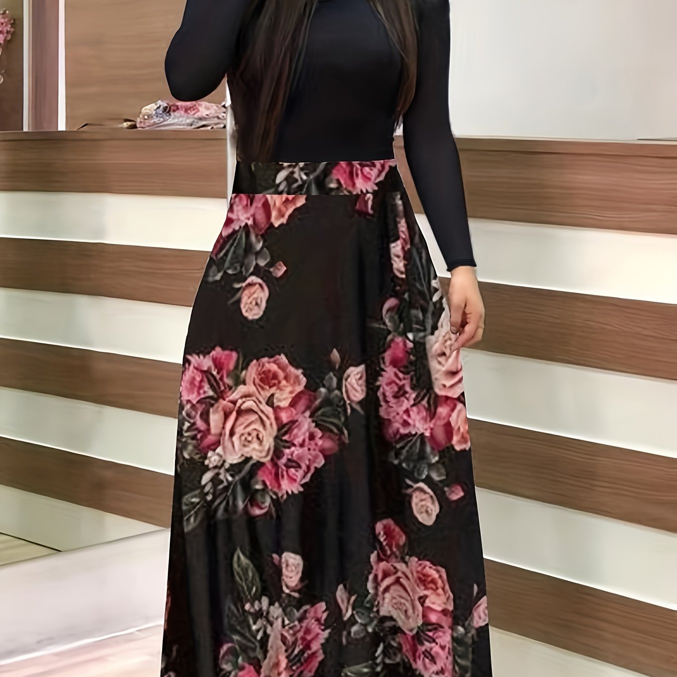 Floral Print Round Neck Long Sleeve Maxi Dress