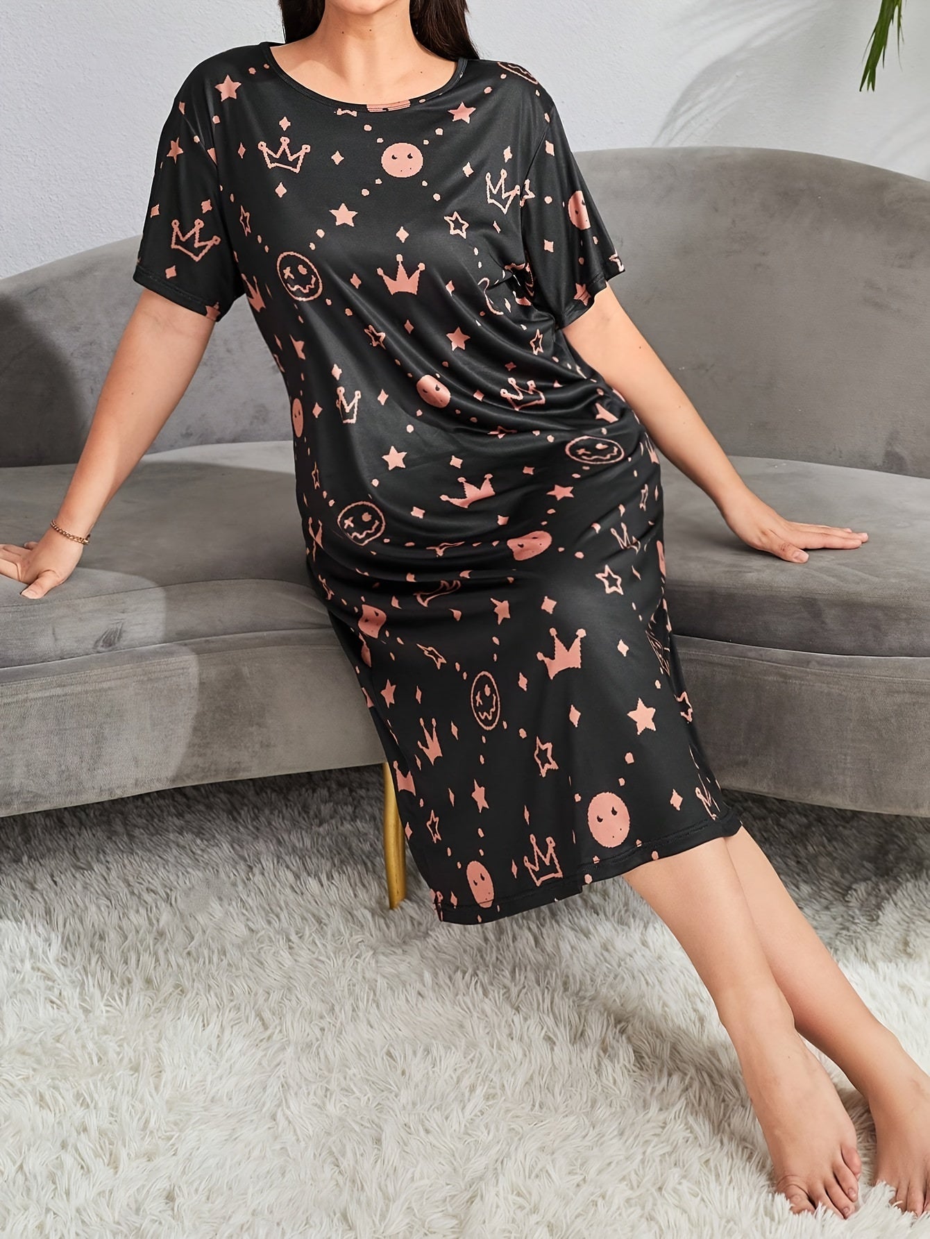 Nightdress Women's Plus Cartoon & Star Print Short Sleeve Sleep Dress