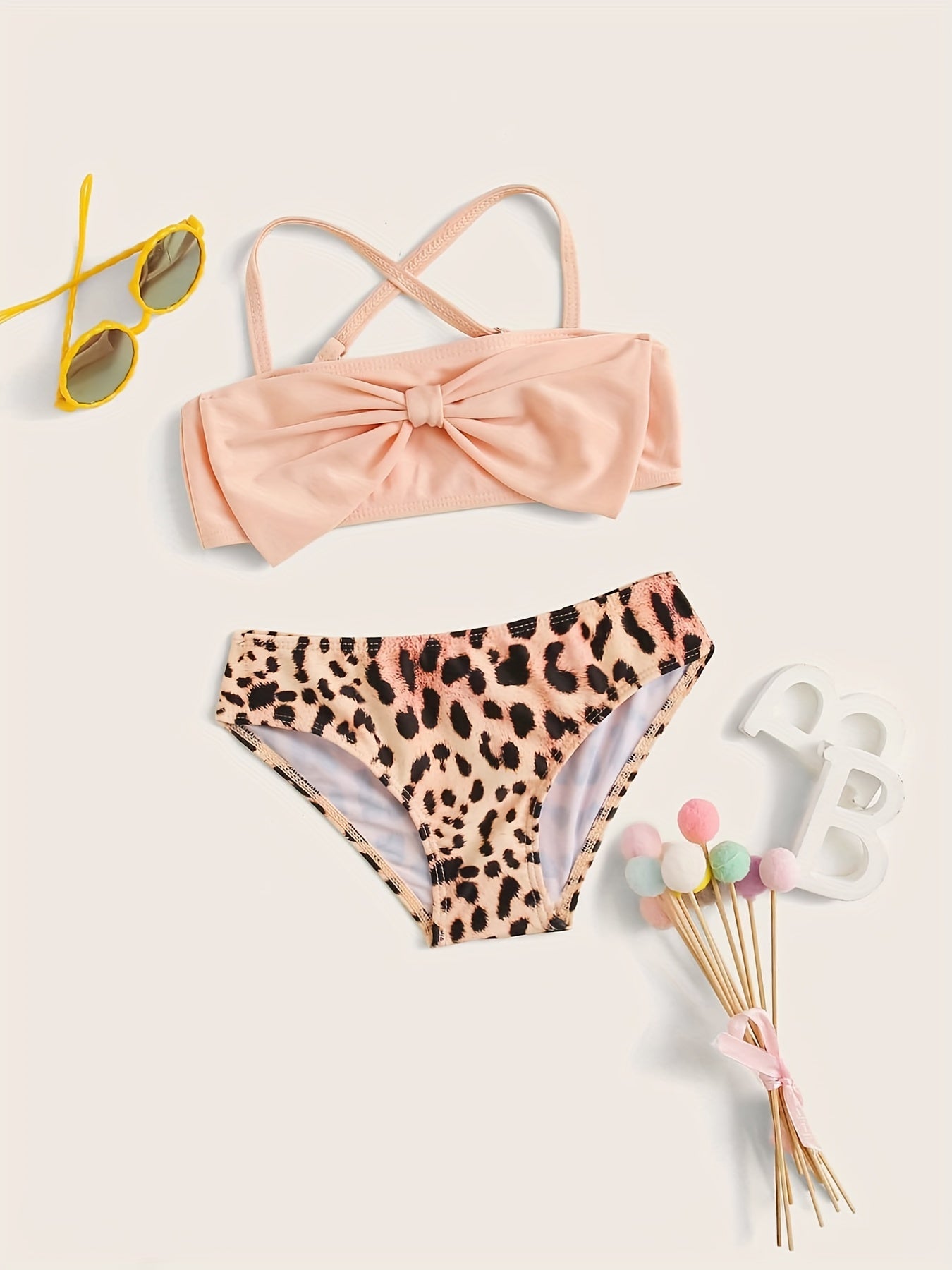 2Pcs Girls Leopard Bow Front Bikini Set Girls Split Bathing Suit Summer Swimsuit