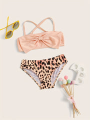2Pcs Girls Leopard Bow Front Bikini Set Girls Split Bathing Suit Summer Swimsuit