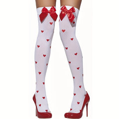 Heart Print Thigh High Stockings Bow Decor Over The Knee Socks Women's Stockings