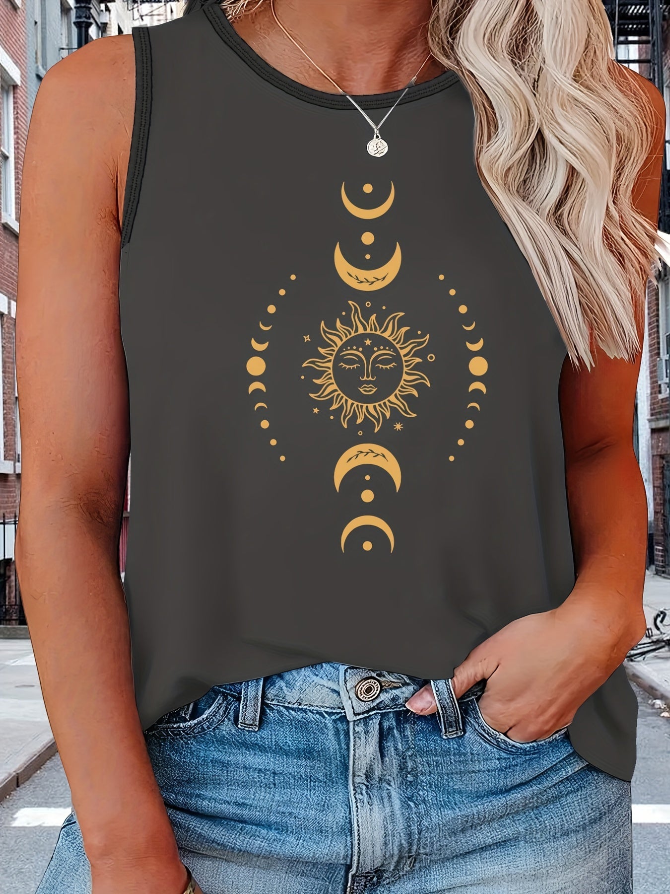 Women's Plus Moon & Sun Print Round Neck Tank Top