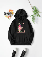 Flower & E Print Pullover Sweatshirt Drawstring Hoodies