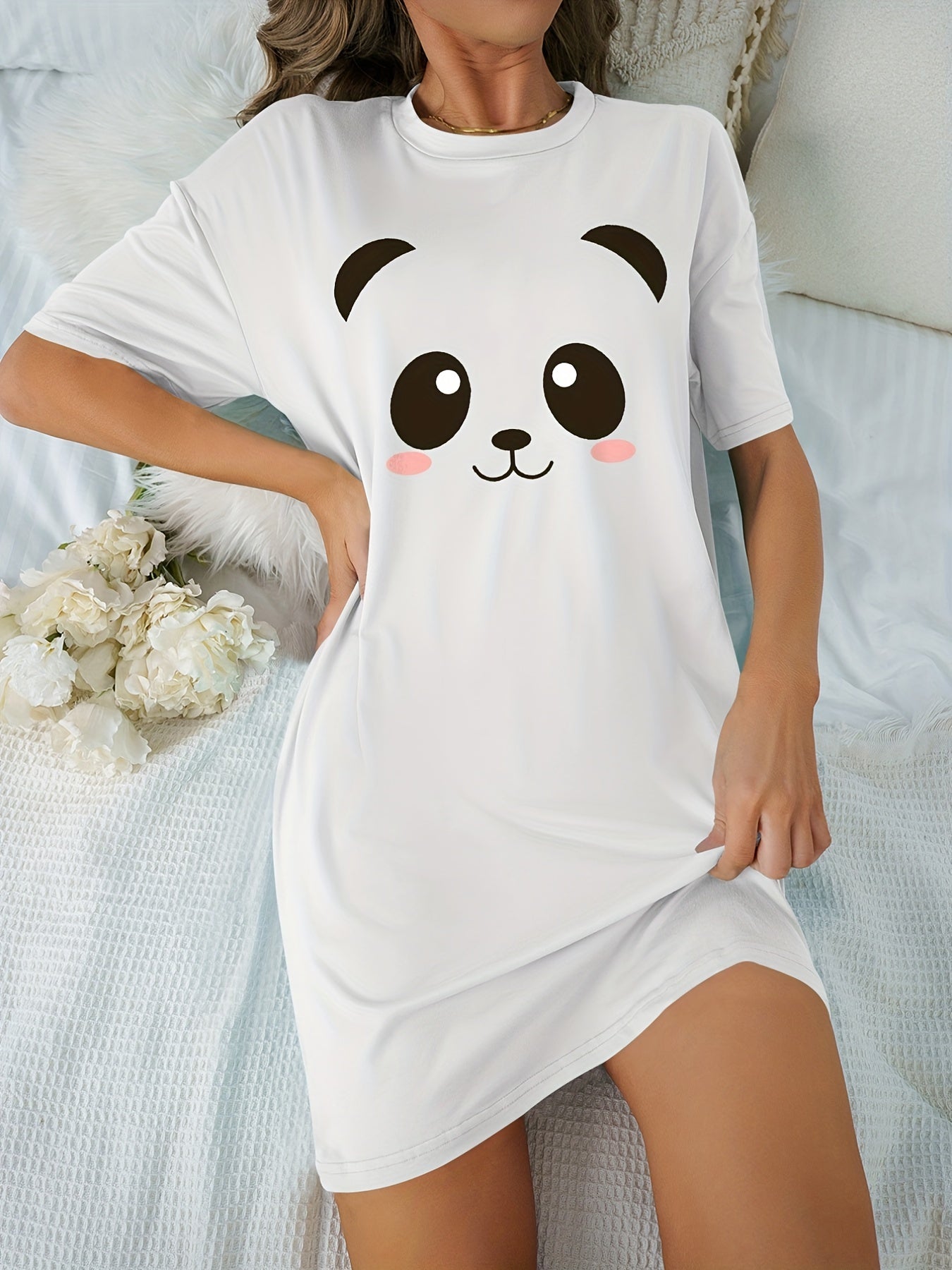 Panda Print Nightdress Short Sleeve Crew Neck Pajama Dress Women's Sleepwear