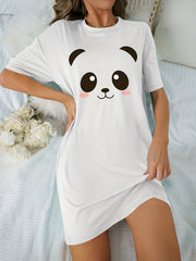 Panda Print Nightdress Short Sleeve Crew Neck Pajama Dress Women's Sleepwear