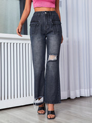 Vintage Style Distressed Dark Grey Flare Leg Denim Pants