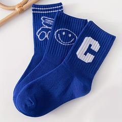 3 Pairs Kids Cotton Blend Crew Socks Small Bear Smiling Face Letter Print