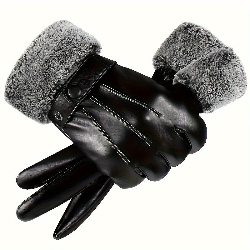Men's Warm Gloves Motorcycle Riding Cold proof Leather Gloves Plus Velvet