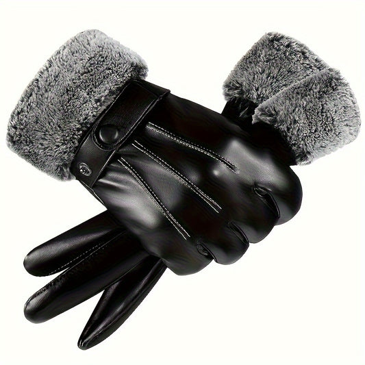 Men's Warm Gloves Motorcycle Riding Cold proof Leather Gloves Plus Velvet