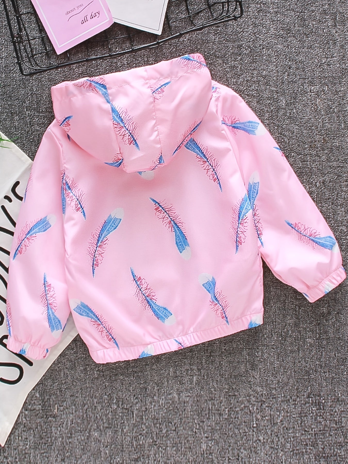 Kids Feather Print Hooded Jacket Coat with Pocket
