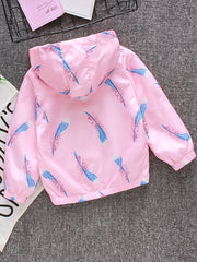 Kids Feather Print Hooded Jacket Coat with Pocket
