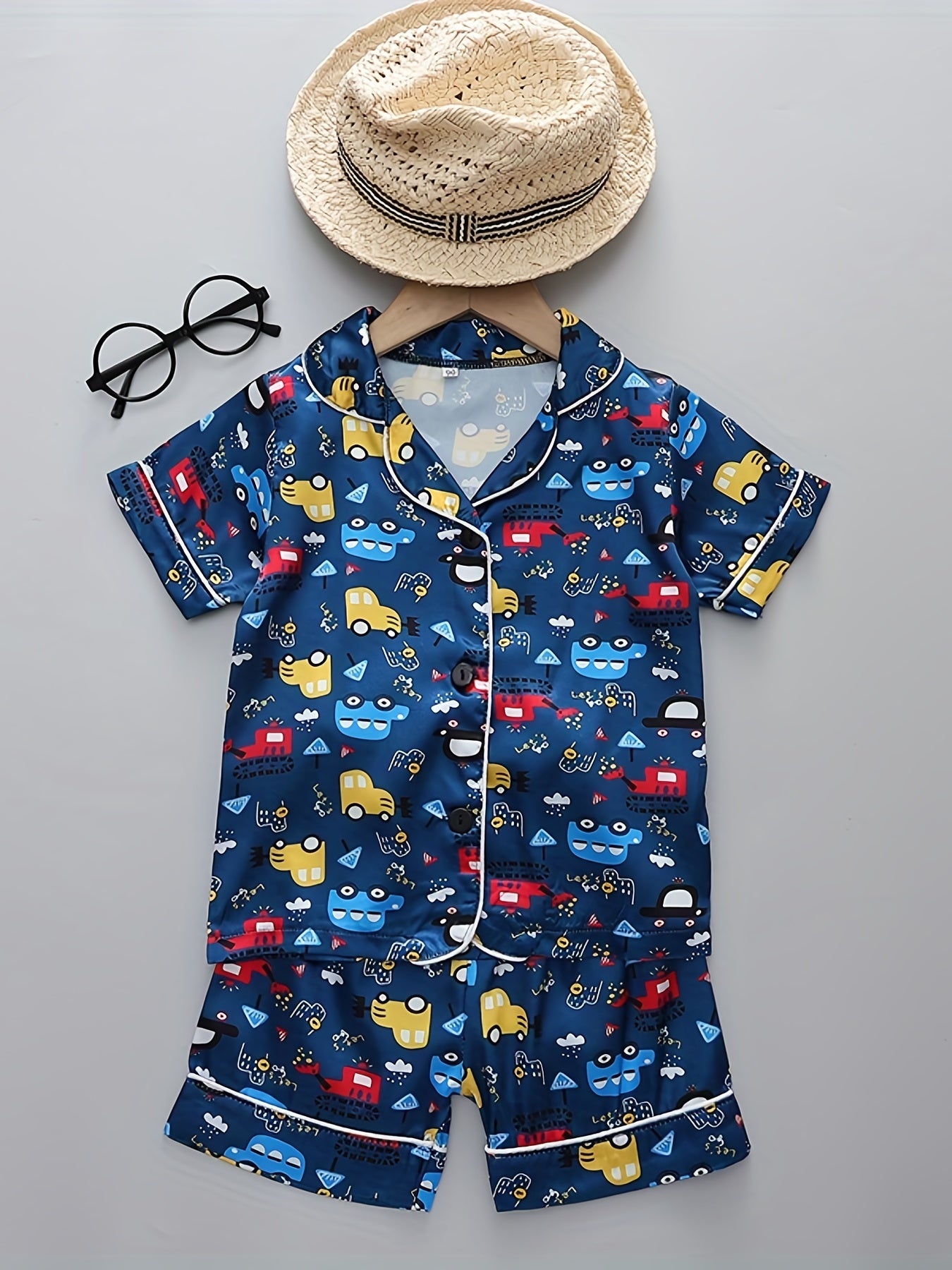 Boys Cartoon Cars Pajamas Set Short Sleeves Tops & Bottoms Cozy Homewear