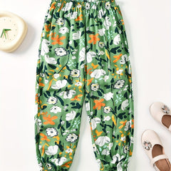 Girls' Rose Floral Print Casual Jogger Elastic Waist Trousers