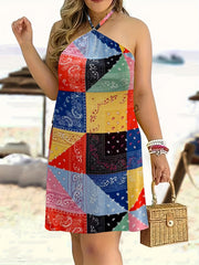 Colorblock Paisley Print Halter Neck Dress