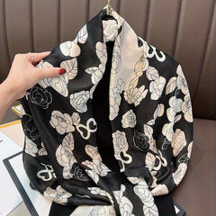 Camellia Print Large Satin Silk Scarf Shawl