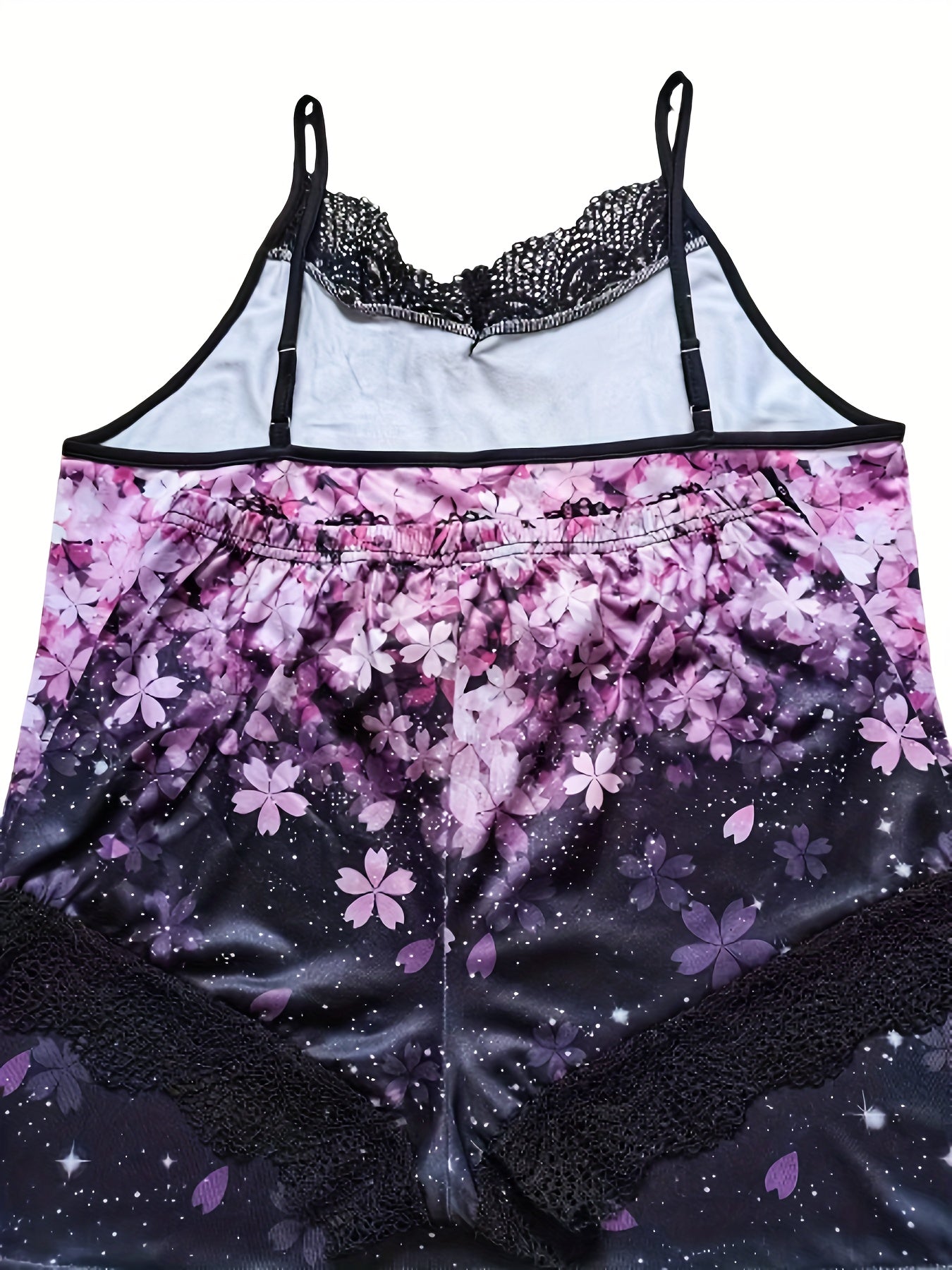 Floral Print Pajama Set Lace Trim Sleeveless V Neck Cami Top & Bow Decor Shorts