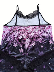 Floral Print Pajama Set Lace Trim Sleeveless V Neck Cami Top & Bow Decor Shorts