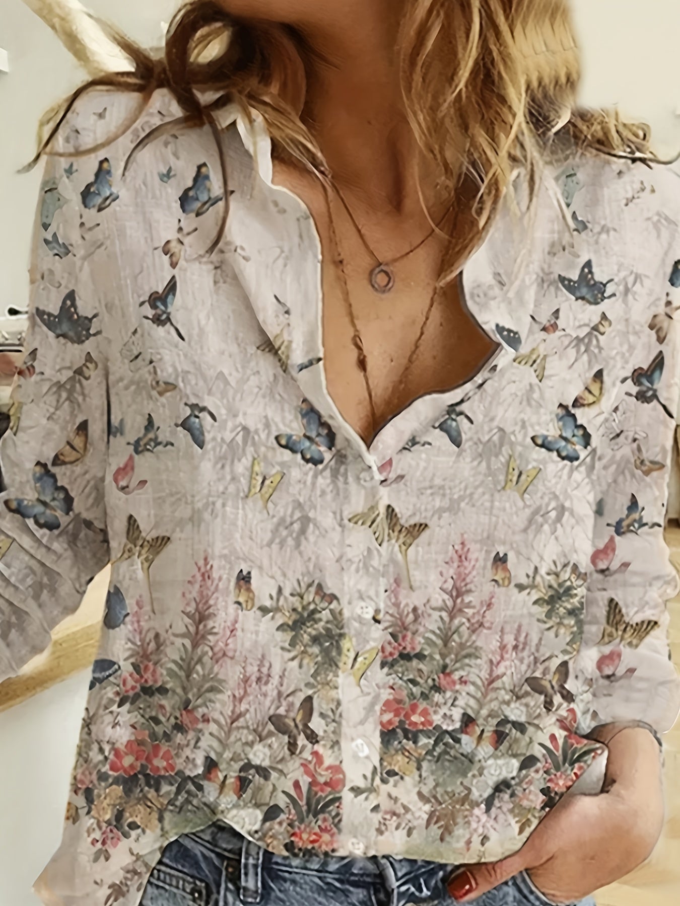 Floral Butterfly Print Button Up Long Sleeve Blouse