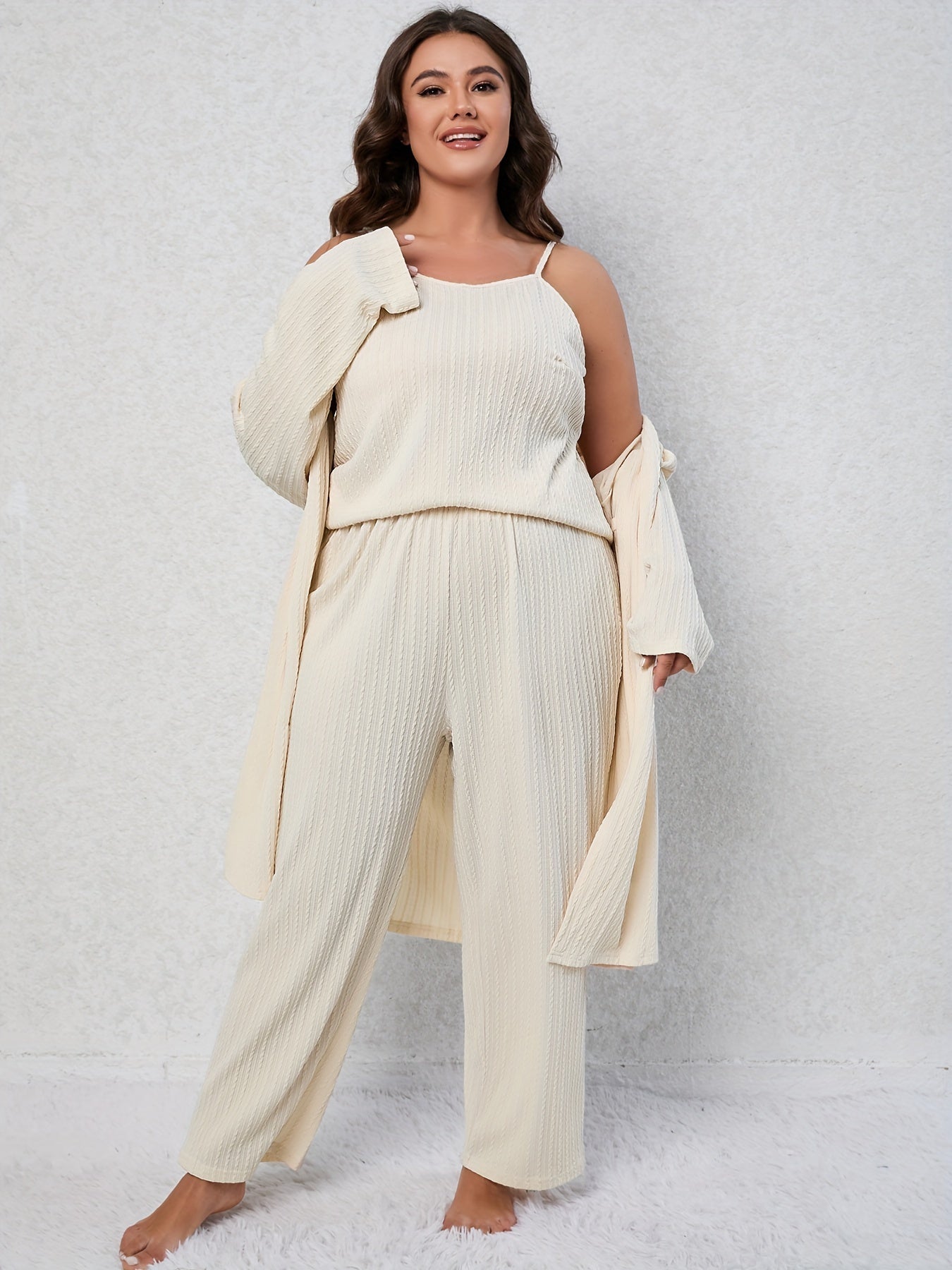 Textured Cami Top & Wide Leg Pants & Robe Pajama Set
