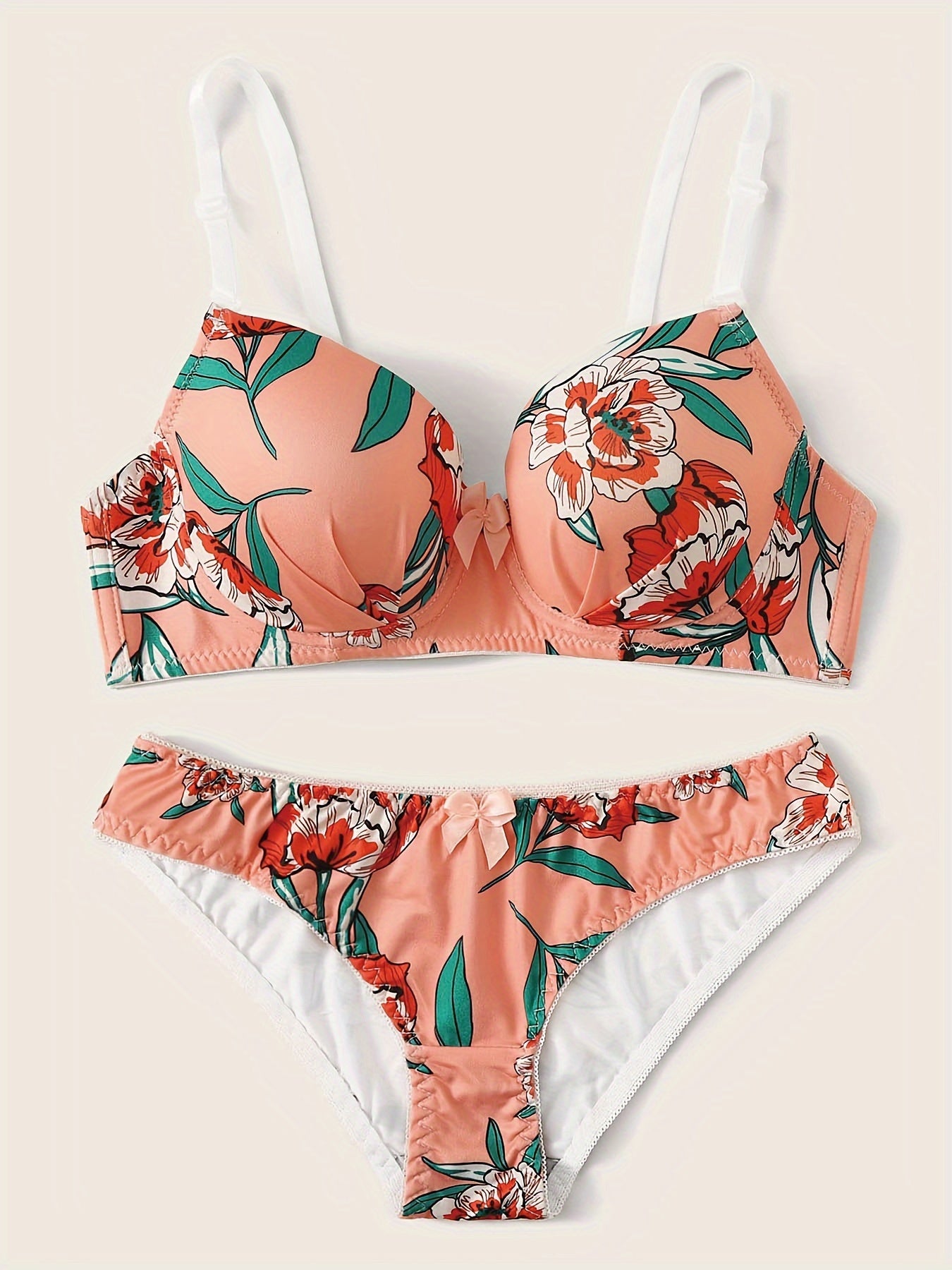 Floral Print Push Up Bra & Elastic Panties Set