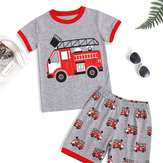 Boy's Vehicle Pattern Pajamas 2pcs T shirt & Shorts Set