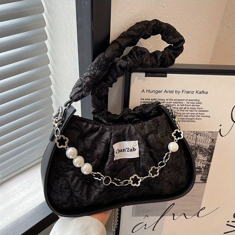 Flower Jacquard Shoulder Bag Chain Crossbody Bag Ruched Underarm Purse