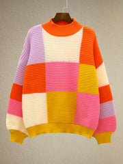 Y2K Sweater Women's Plus Colorblock Grid Print Round Neck