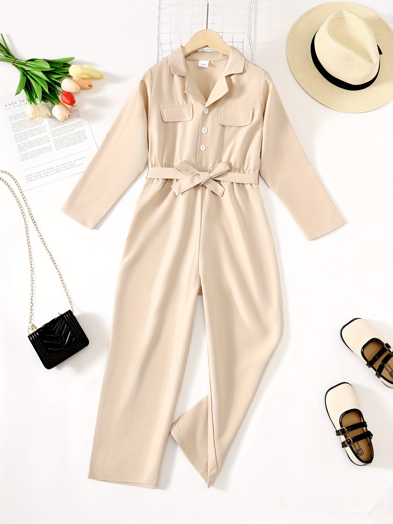 Girls Casual Long Sleeve Cargo Jumpsuit With Belt Set