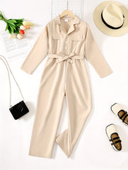 Girls Casual Long Sleeve Cargo Jumpsuit With Belt Set