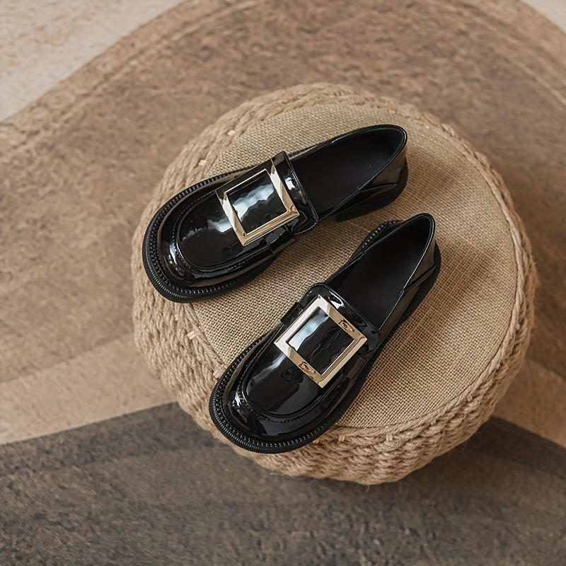 Square Buckle Loafers Faux Leather Chunky Heel Shoes