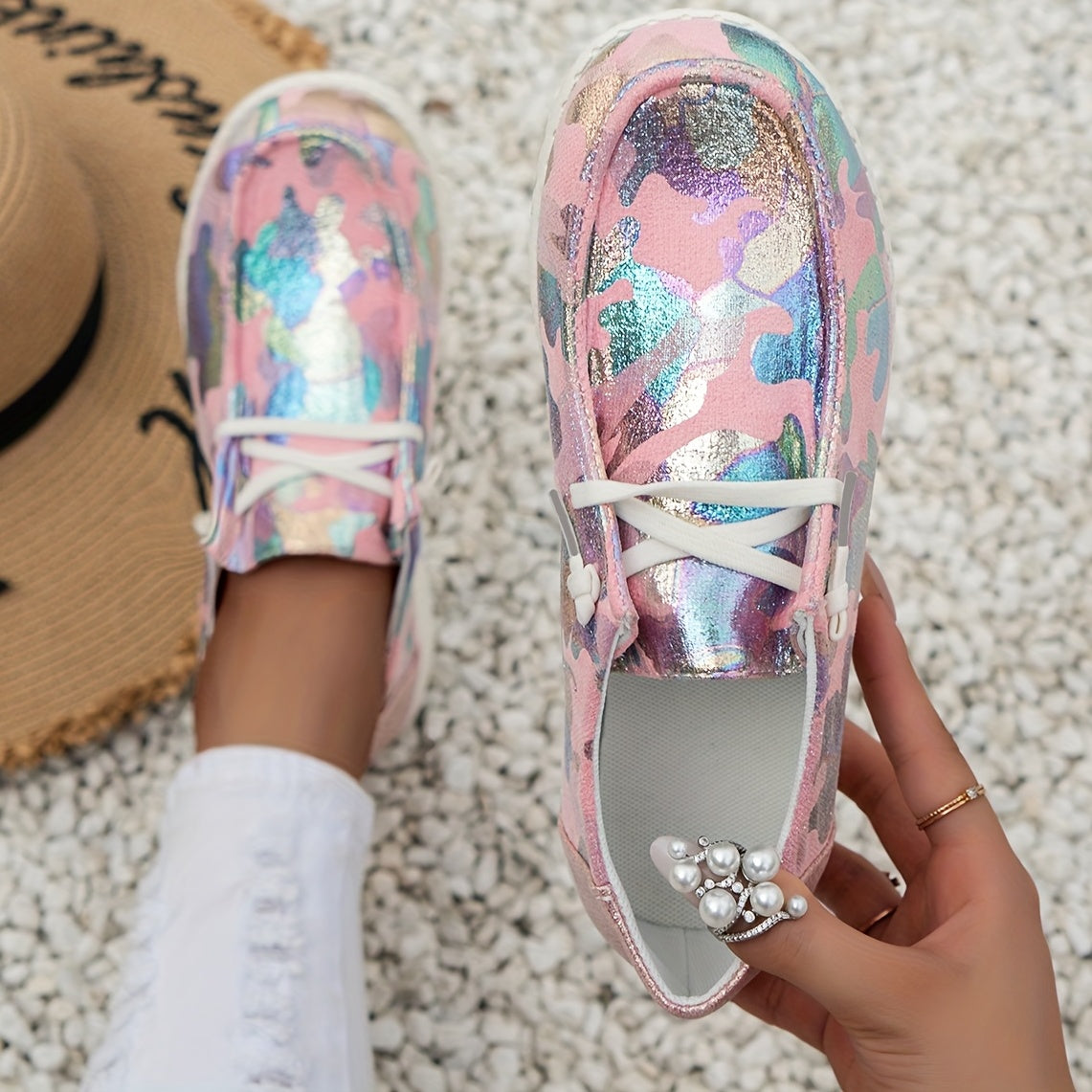 Women's Tie dye Sequins Loafers Slip On Low Flatform Shoes