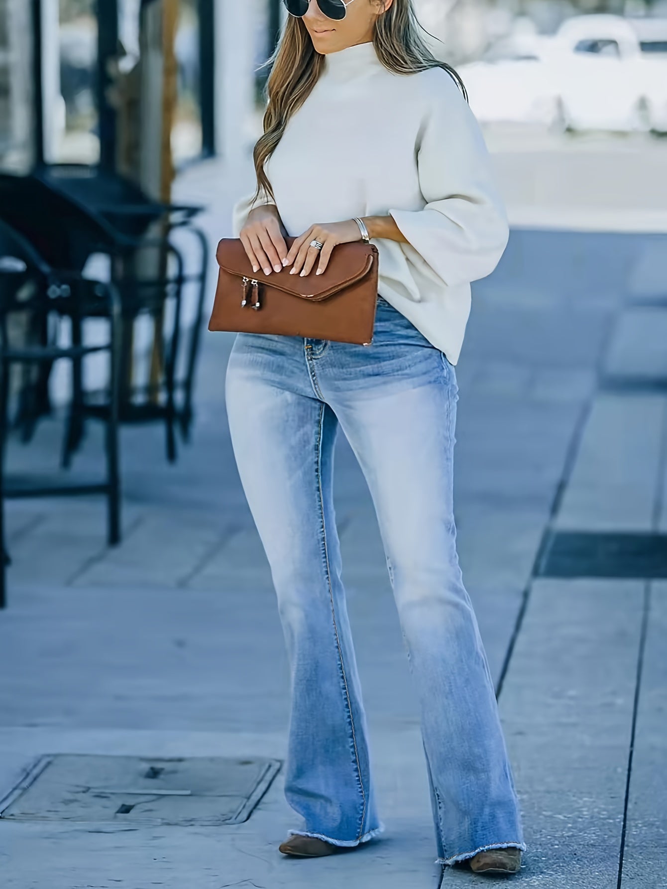 Raw Trim Button Fly High Rise Medium Stretch Skinny Flare Leg Jeans