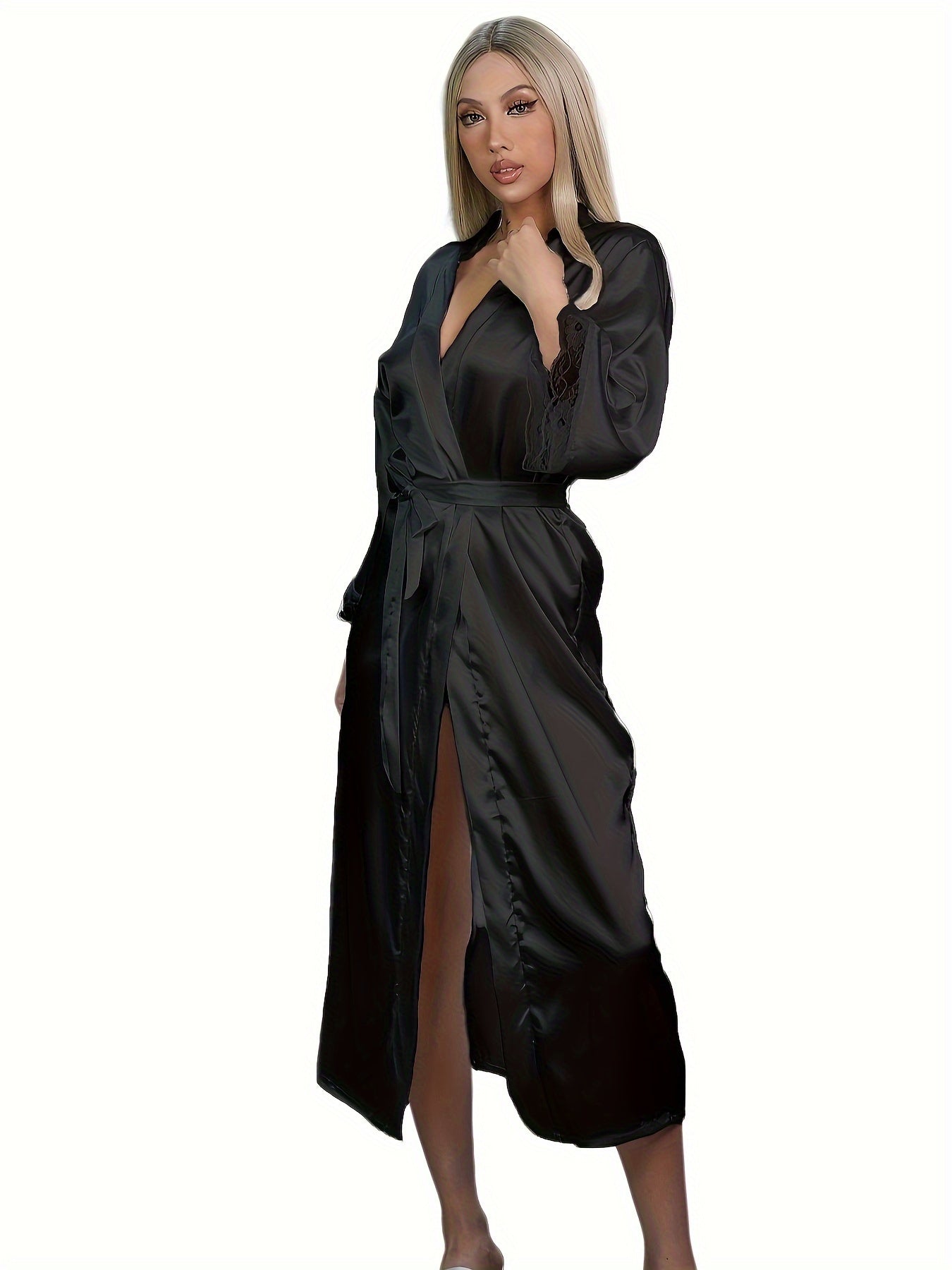 Satin Lace Trim Night Robe V-Neck Long Sleeve Belted Sleepwear